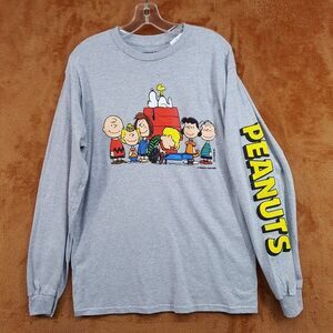 PEANUTS Shirt Mens Medium Grey Pullover Graphic T-Shirt Snoopy Long Sleeve Tee